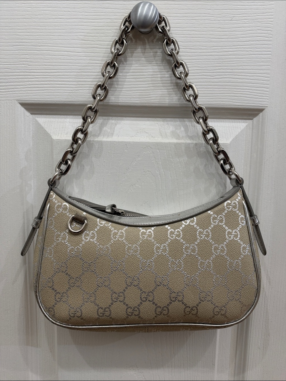 Gucci Emblem Monogram Shoulder Bag in Beige and Silver